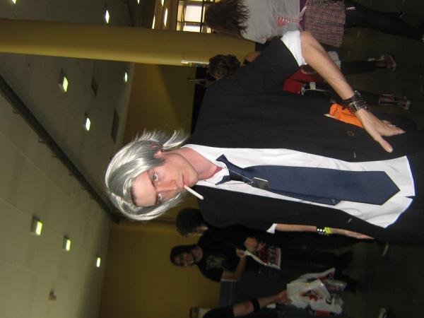 Don't know, just thought he looked awesome, (and he asked for my photo first, otherwise I wouldn't have seen him since I was stroking an Ichigo mug. >_>).