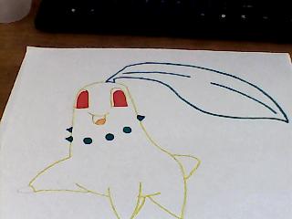 This one is of Chikorita.  I saw an episode of Pokemon, and did this completely from memory.  I thought that Chikorita was cute!  It was originally done in pencil, but I went over it in Crayola Marker.  I used to have a copy of it in all marker, but I threw it away because I liked the outlined one better.
